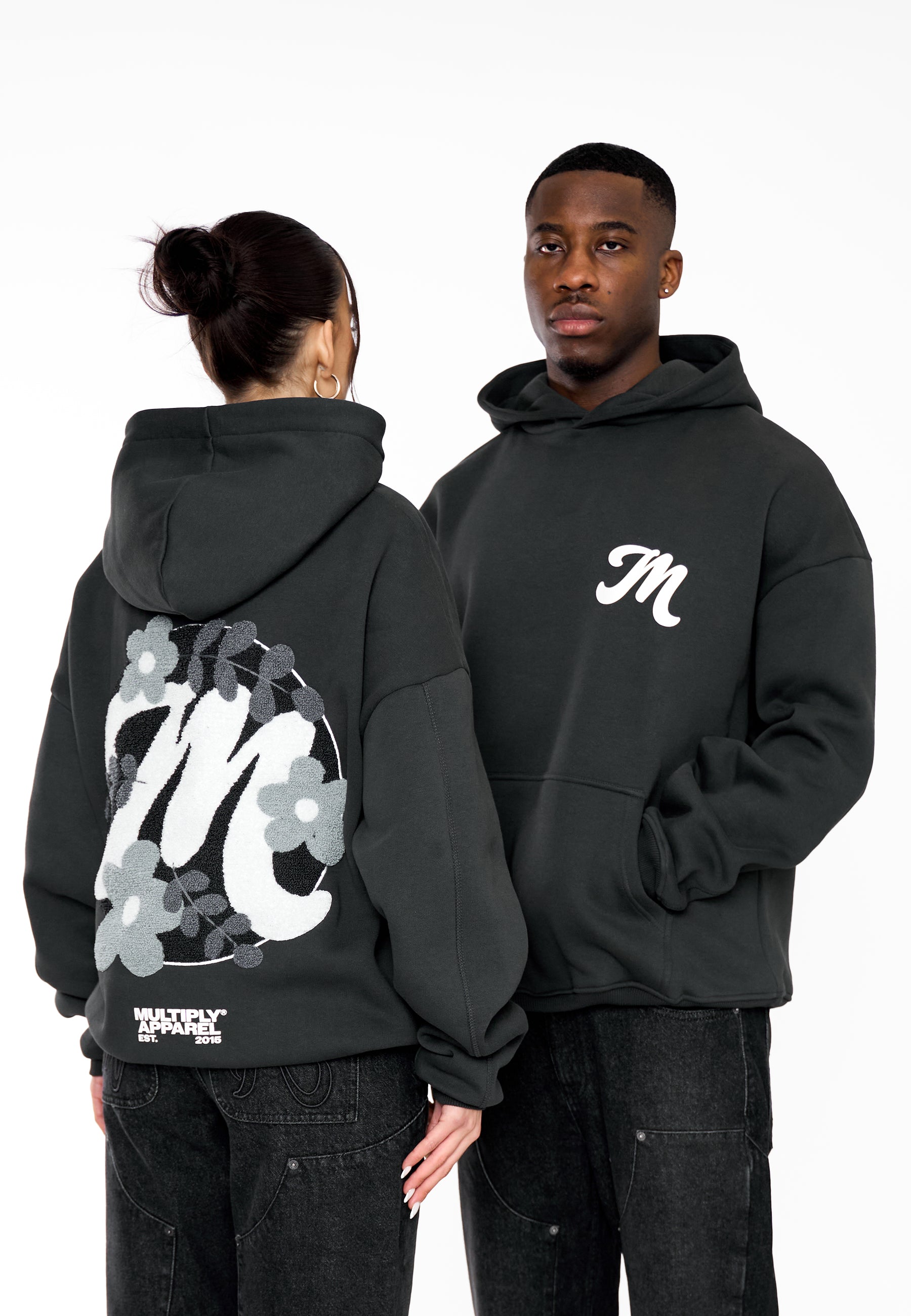 Oversize Hoodie M FLORAL 2 Black Soda Washed