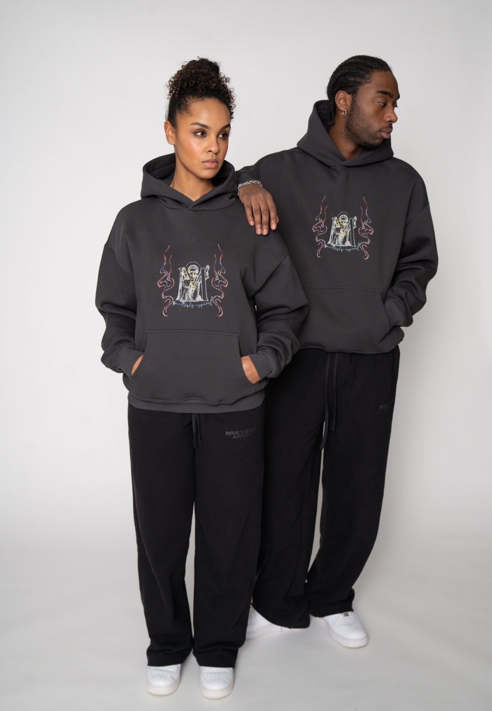 Oversized Hoodie BIRD SKETCH Black Soda Washed