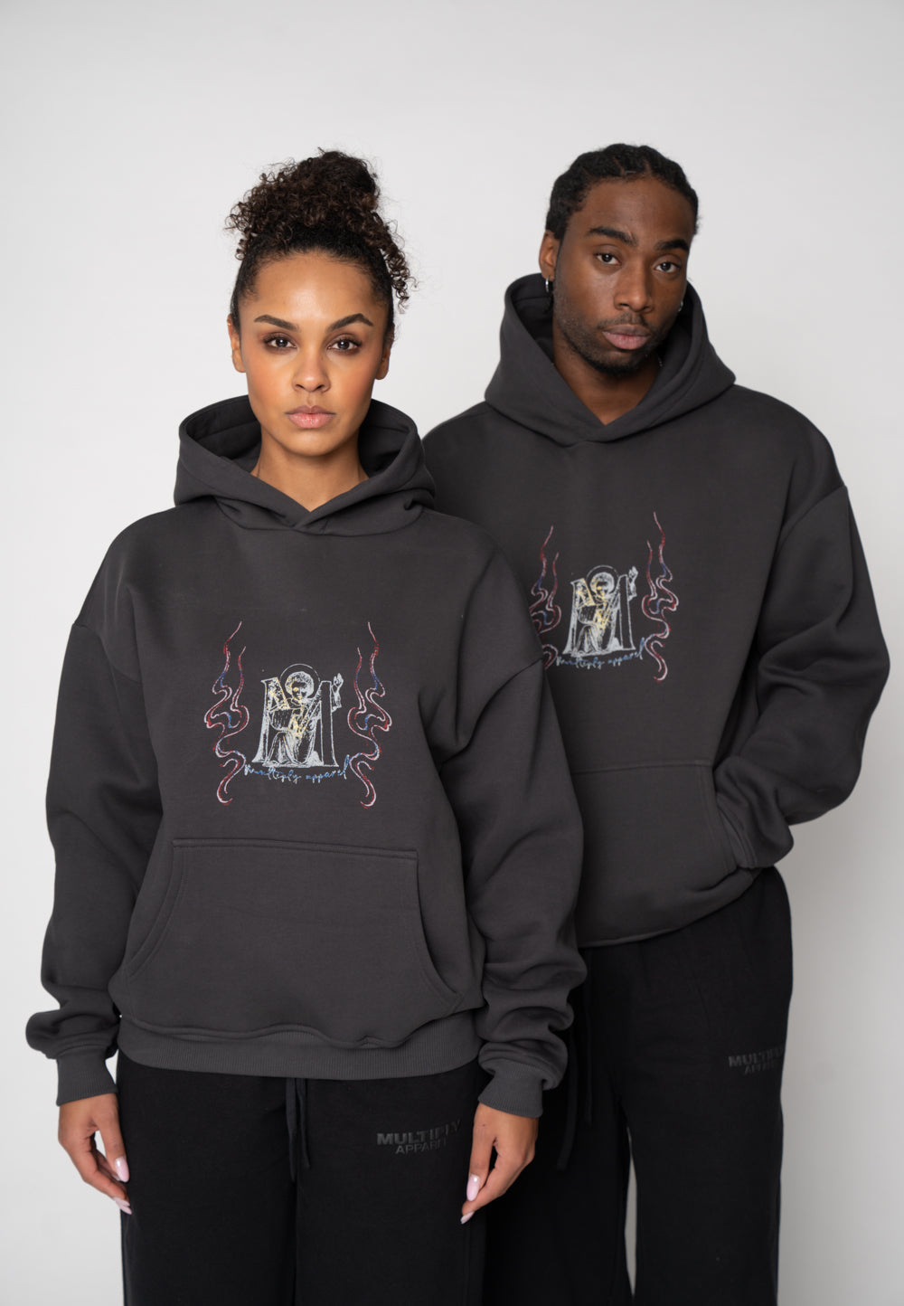 Oversized Hoodie BIRD SKETCH Black Soda Washed