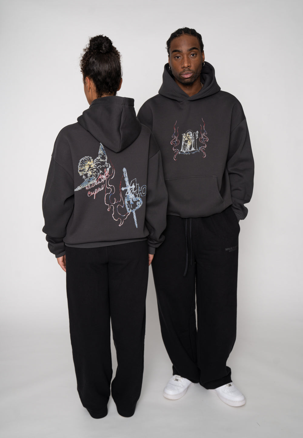 Oversized Hoodie BIRD SKETCH Black Soda Washed