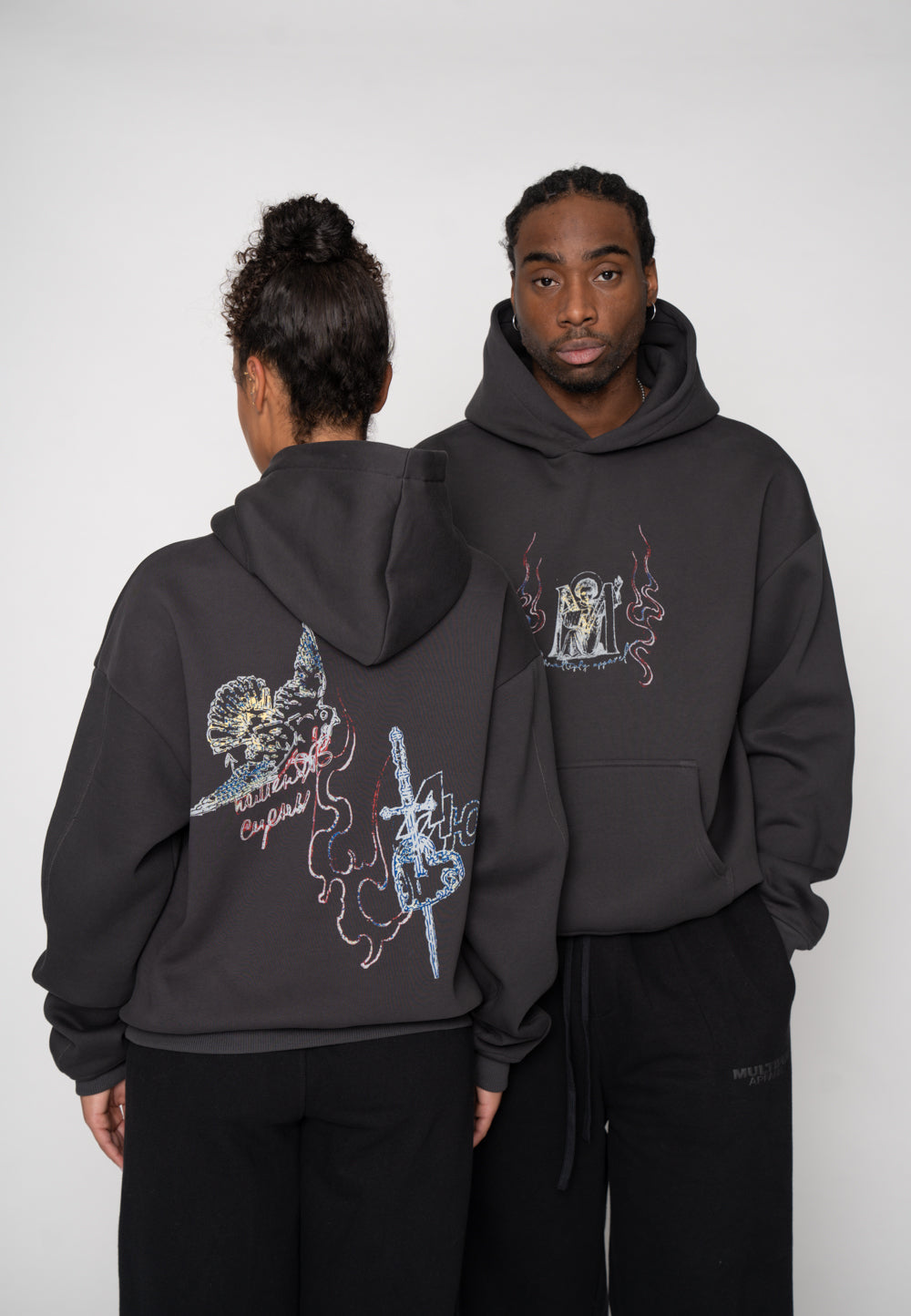 Oversized Hoodie BIRD SKETCH Black Soda Washed
