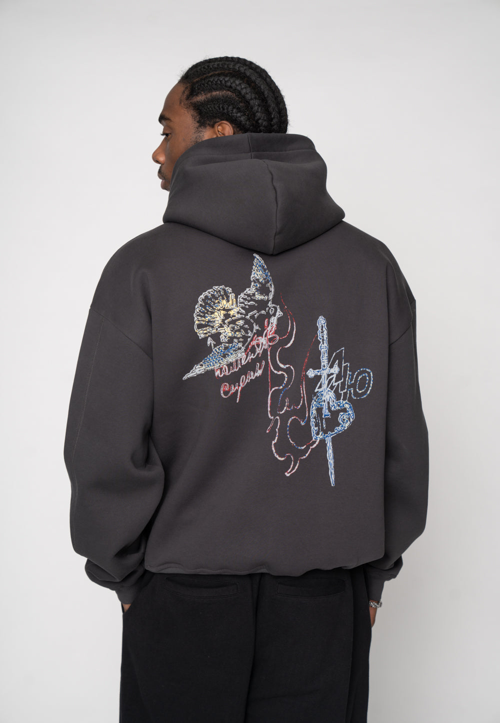Oversized Hoodie BIRD SKETCH Black Soda Washed