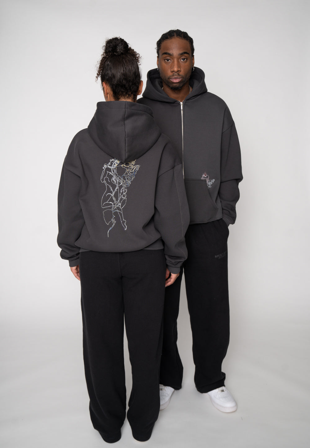 Oversize Zip Hoodie FAIRY SKETCH Black Soda Washed