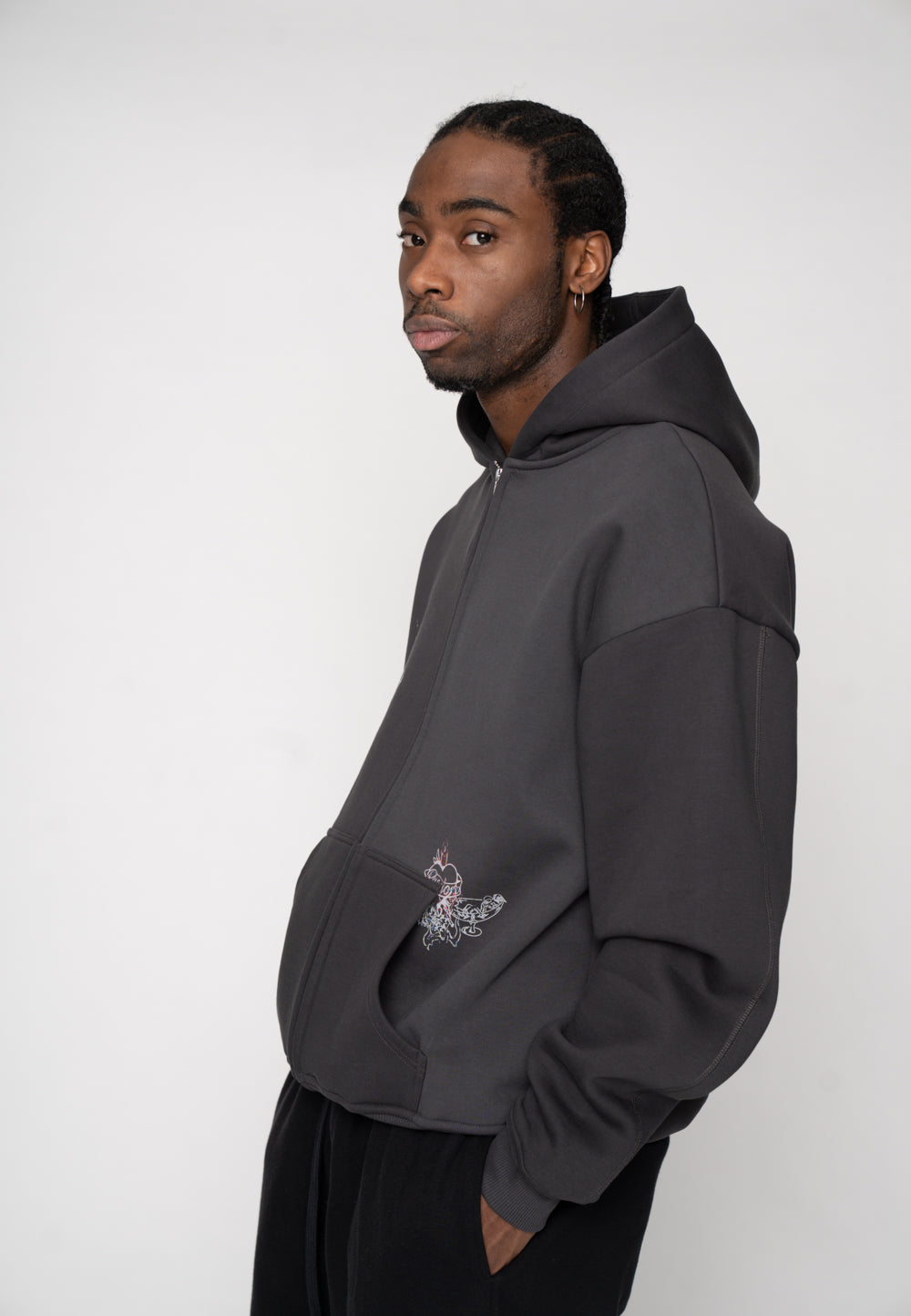 Oversize Zip Hoodie FAIRY SKETCH Black Soda Washed