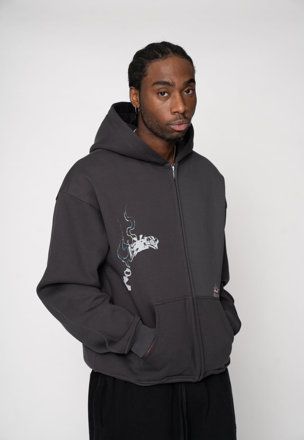 Oversize Zip Hoodie FAIRY SKETCH Black Soda Washed