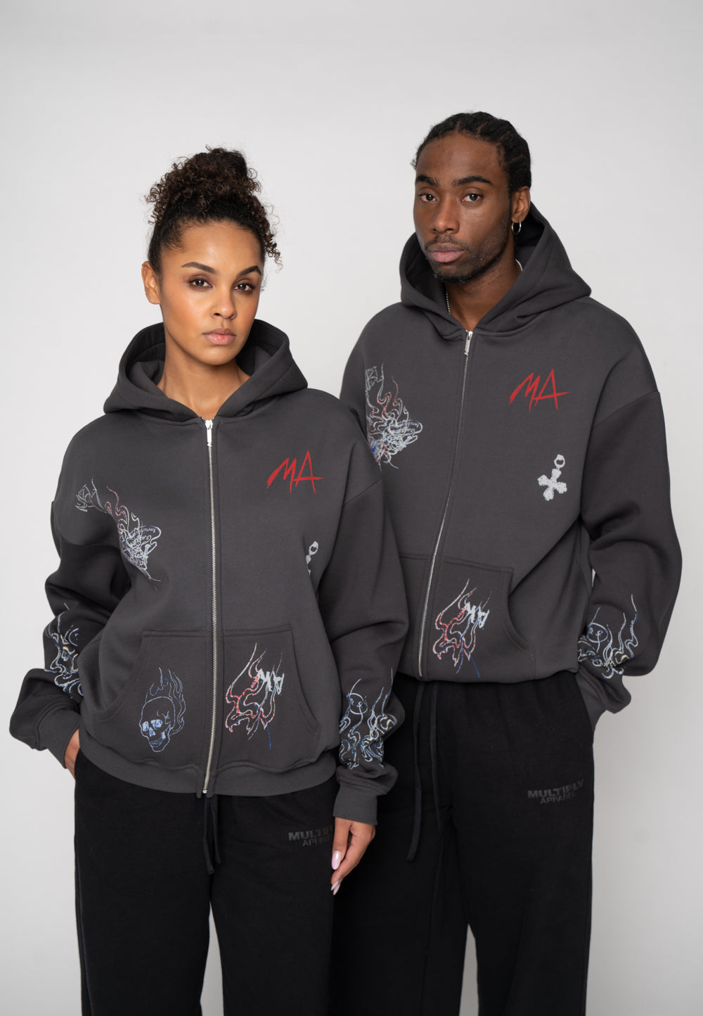 Oversize Zip Hoodie MA SKETCH Black Soda Washed