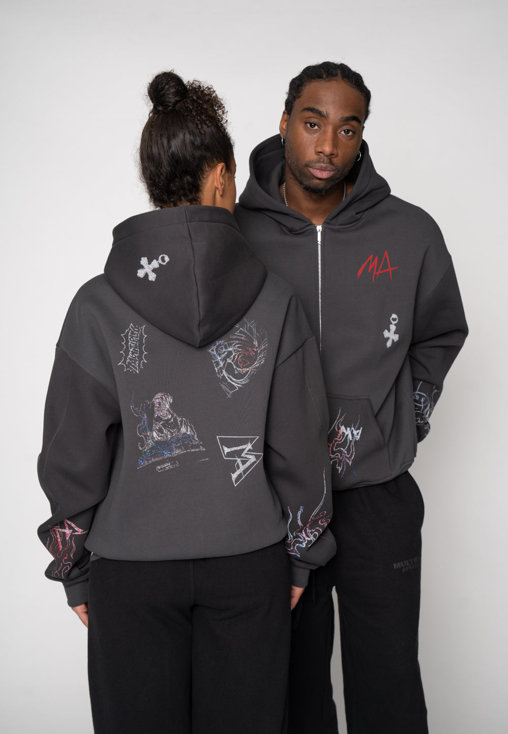 Oversize Zip Hoodie MA SKETCH Black Soda Washed