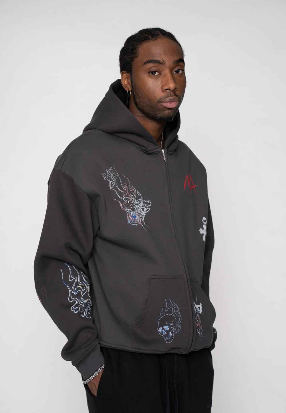 Oversize Zip Hoodie MA SKETCH Black Soda Washed