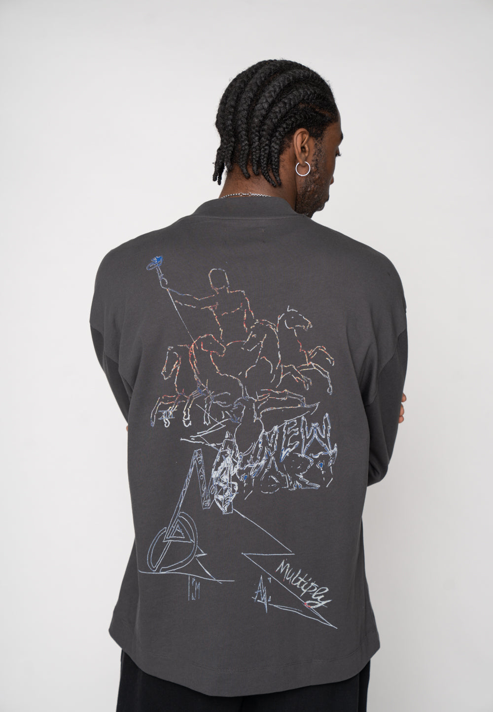 Oversize Longsleeve HORSE SKETCH Black Soda Washed