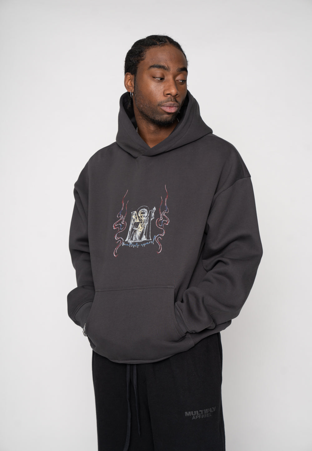 Oversized Hoodie BIRD SKETCH Black Soda Washed