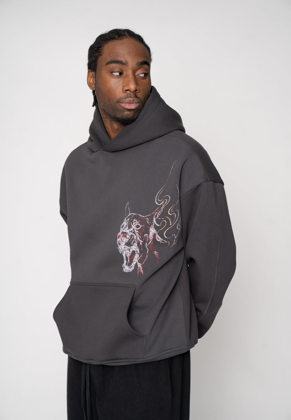 Oversized Hoodie DOG SKETCH Black Soda Washed